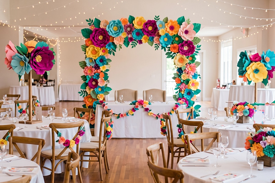 Giant floral event décor installation transforming a Dubai celebration venue