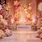 Giant floral event décor installation transforming a Dubai celebration venue
