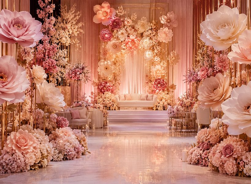 Giant floral event décor installation transforming a Dubai celebration venue
