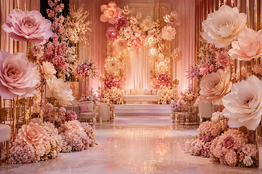 Giant floral event décor installation transforming a Dubai celebration venue
