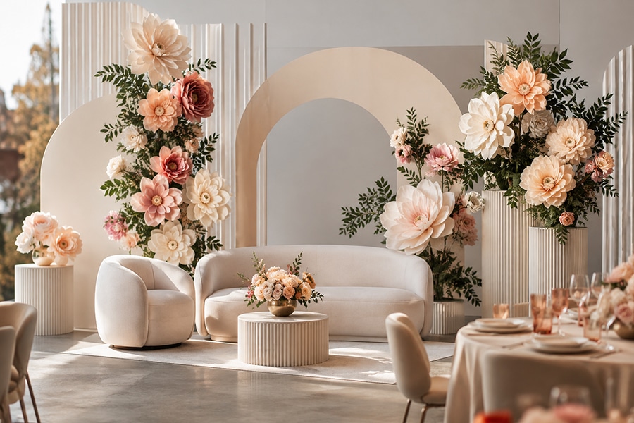 Temporary floral décor installation creating a stylish event setting in the UAE