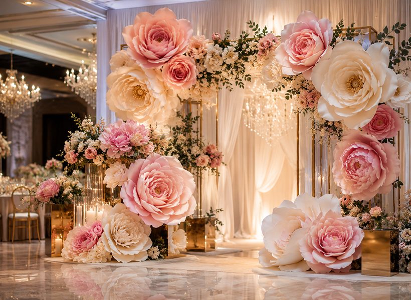Giant paper flowers used as event venue décor