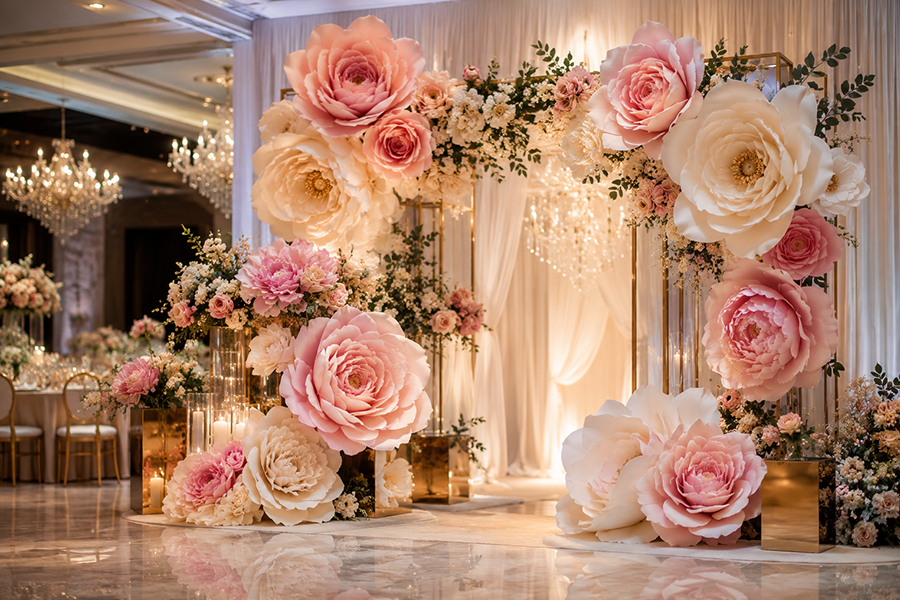 Giant paper flowers used as event venue décor
