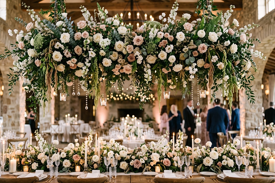 Giant paper flower decorations and custom floral arrangements at a Dubai celebration