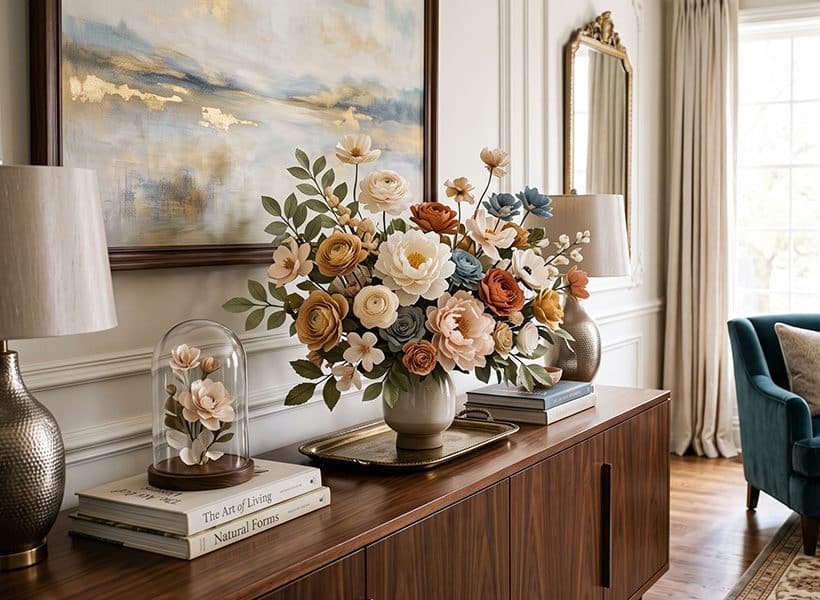 Handmade paper flowers enhancing a modern luxury interior space