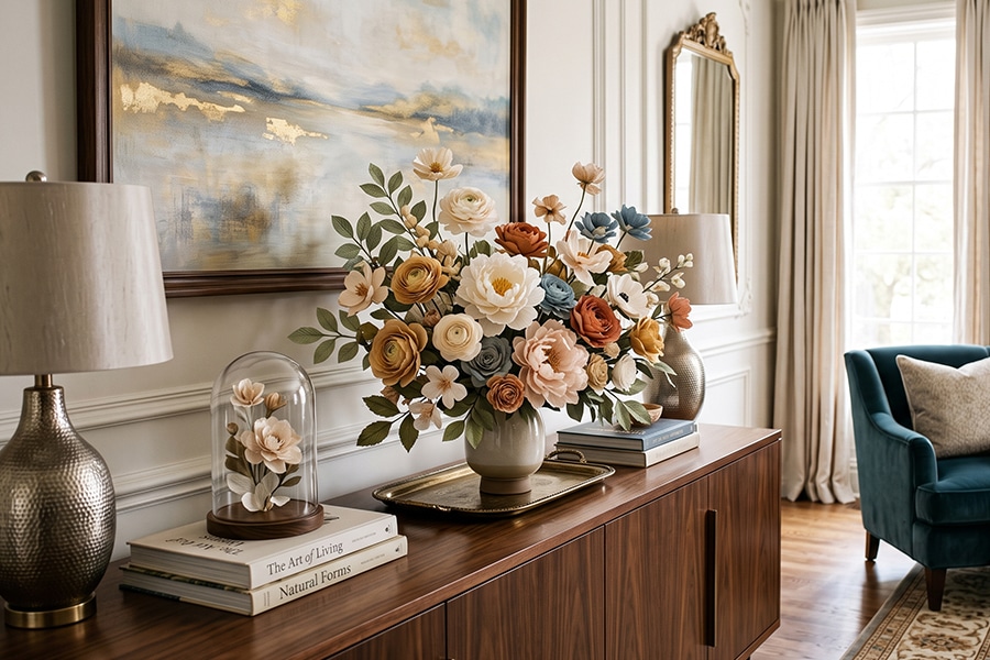 Handmade paper flowers enhancing a modern luxury interior space