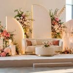 Custom handcrafted paper flower installation rented for a stylish event setting