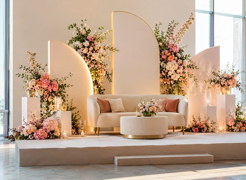 Custom handcrafted paper flower installation rented for a stylish event setting