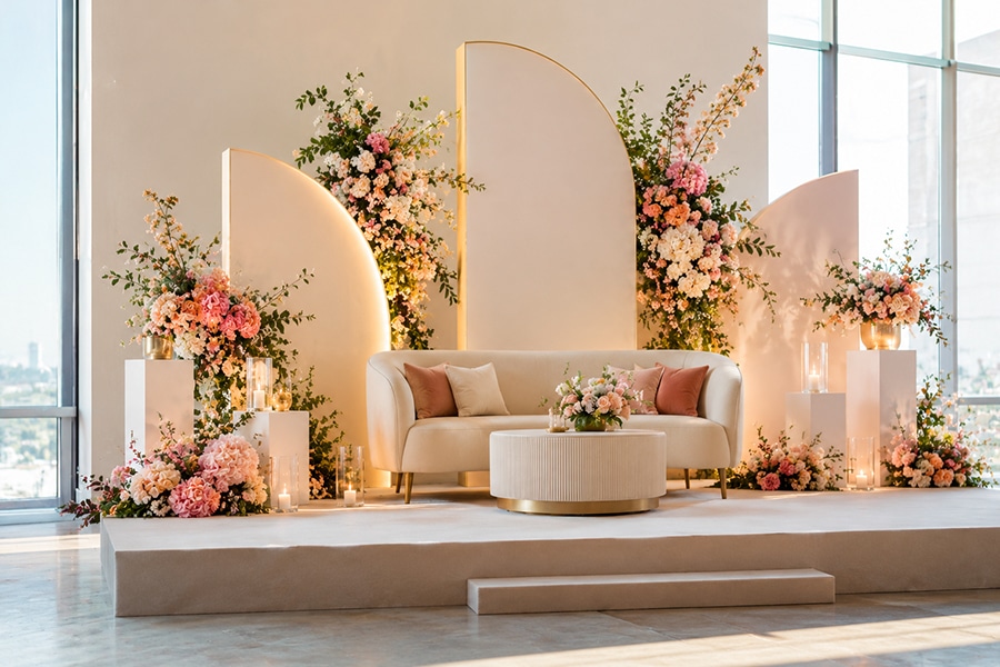 Custom handcrafted paper flower installation rented for a stylish event setting
