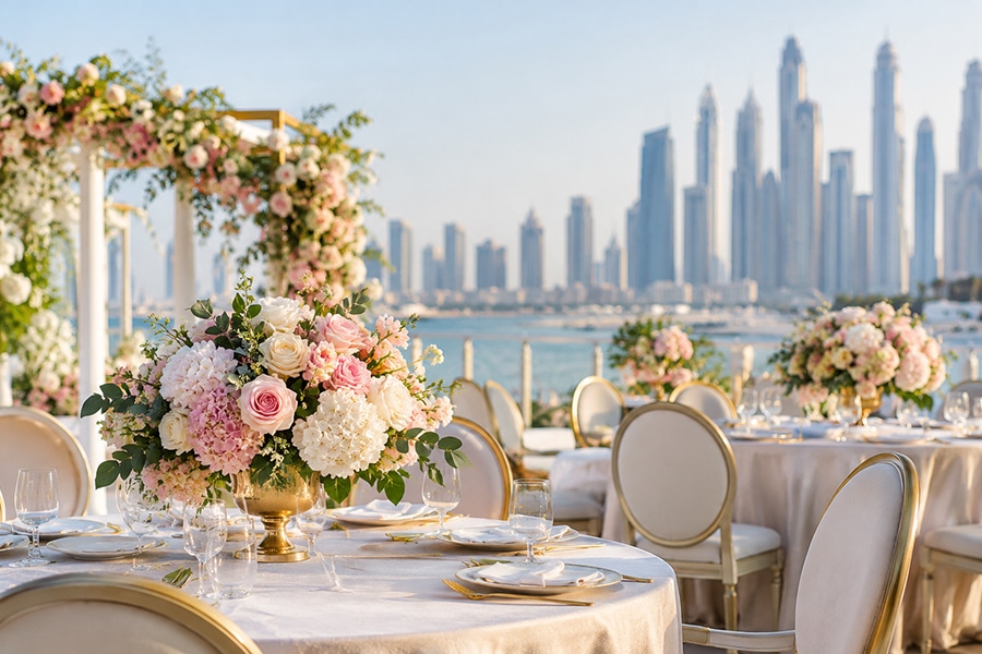 Giant paper flower arrangements used as reusable décor for events in Dubai and the UAE