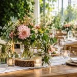 Reusable handmade paper flower arrangements styled for a sustainable event