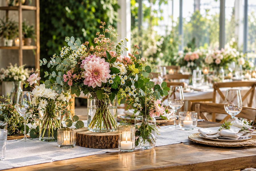 Reusable handmade paper flower arrangements styled for a sustainable event